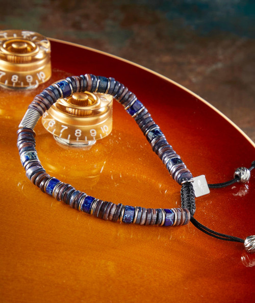 What A Shuffle, beaded bracelet with blue and brown beads on a guitar tuning dial.