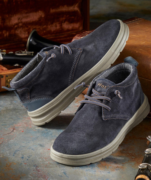 Excursions Shoes, Pair of navy blue suede casual shoes with beige soles and lace-up closure, suitable for outdoor activities.