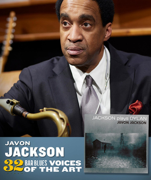 Javon Jackson - Jackson Plays Dylan album cover, jazz artist Javon Jackson playing saxophone in the background.