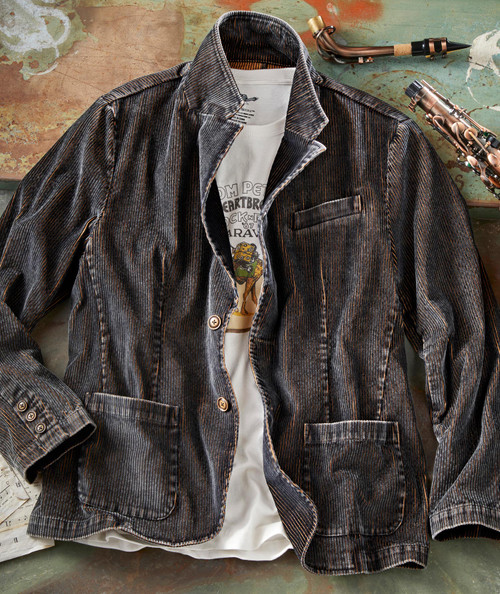 Groove Me, vintage corduroy blazer with a classic lapel collar and front pockets, layered over a graphic T-shirt, surrounded by saxophones on a rustic background.