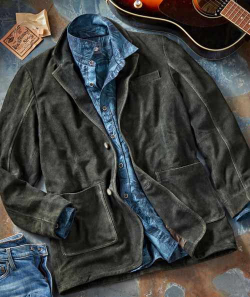 Havin' Myself A Time, product image featuring a black leather blazer layered over a blue patterned shirt, paired with blue jeans, and an acoustic guitar in the background.