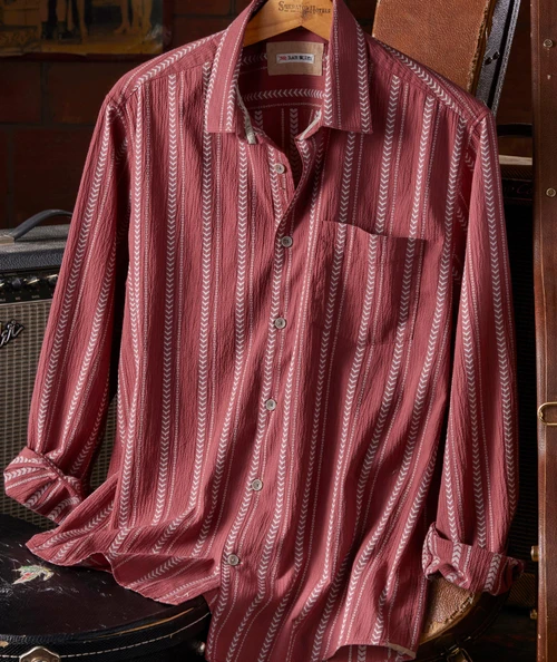 Red Arrow, stylish men's button-up shirt with white vertical stripes and geometric patterns.