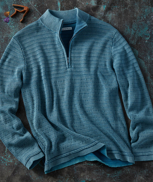 Zip Code, blue textured pullover with half-zip collar and ribbed details.