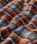 32 Bar Blues Goody Good Good Stuff, close-up of a plaid flannel shirt featuring orange, black, white, and blue checkered pattern with visible buttons.