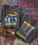 32 Bar Blues Let's Do It Again, promotional T-shirts displaying band details for a jazz event, on a colorful distressed background with a saxophone.