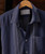 Trick Street, stylish men's navy blue shirt with intricate white and yellow vertical stripe pattern, collared, button-up design.
