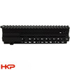 Opposite side view of the 9-inch black Crux KeyMod handguard showing elongated venting cuts and KeyMod mounting slots.