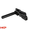 Angled view of HK enhanced mag release with extended shaft and textured paddle for improved grip and control
