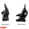 HK Parts enhanced vs original magazine release comparison for HK USP showing oversized paddle design improvement