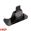 Angled view of black 6061 billet aluminum HK enhanced magazine release with textured extended paddles