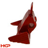 Side angle of red HK enhanced magazine release showing oversized textured paddles for quick magazine drops