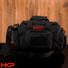 HKP small range bag in black with red HKP logo, compact tactical-style shooting bag shown from the front