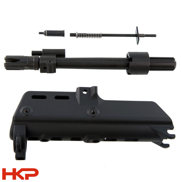 8.9" barrel threaded 15x1, G36C forearm with heat shield, hand stop and sling loops, 4-prong flash hider with retaining ring, gas piston with piston rings installed, piston rod and spring assembly complete, gas block piston assembly, barrel nut
