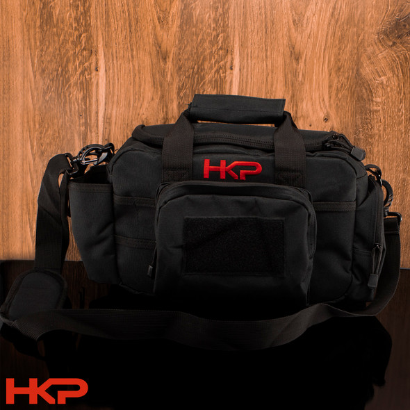 HKP small range bag in black with red HKP logo, compact tactical-style shooting bag shown from the front