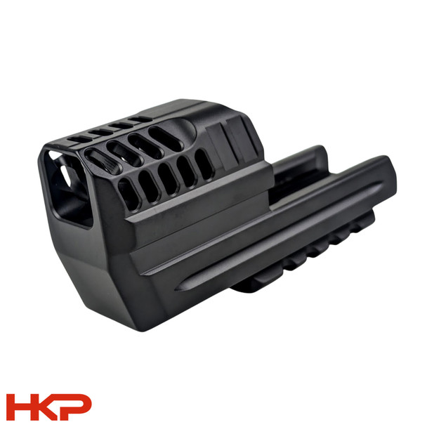 HKP HK Parts rail mount compensator for HK VP9 with integrated Picatinny rail, angled top view showing mounting hardware.