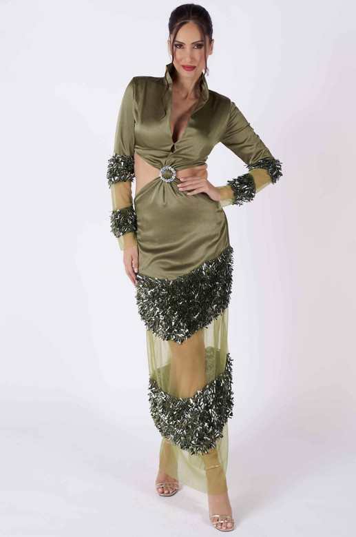 CACTUS - Green Sequin Cut out Maxi Dress - MANONE COUTURE