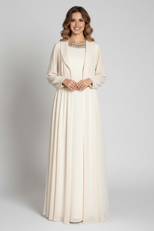 REVE Collection Shiffon Abaya & Dress with Hand Made Embroidery Offwhite