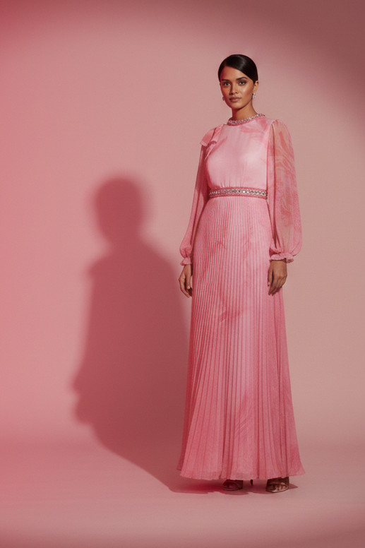 French Chiffon Dress with Elegant Hand Made Embroidery on the Waist Pink Manone Couture