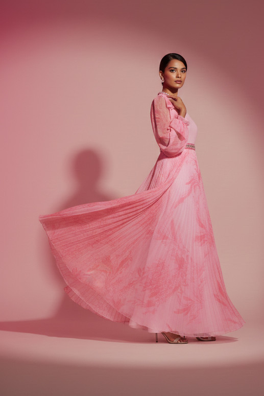French Chiffon Dress with Elegant Hand Made Embroidery on the Waist Pink Manone Couture