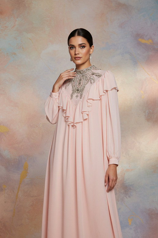 REVE Collection Shiffon Abaya & Dress with Hand Made Embroidery Blush Pink Manone Couture