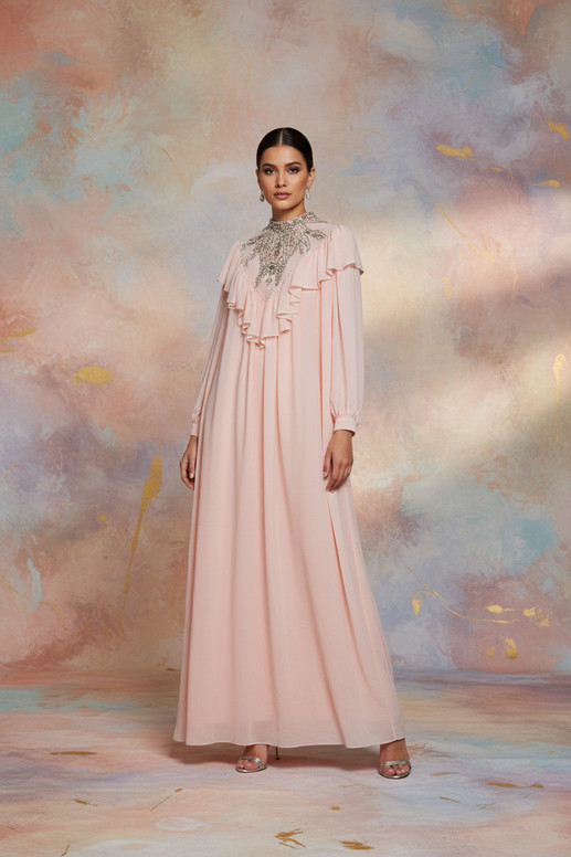 REVE Collection Shiffon Abaya & Dress with Hand Made Embroidery Blush Pink