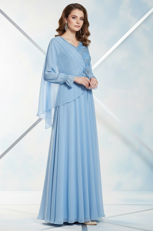 REVE Collection Shiffon Dress with Flower Embroidery Sky Blue Color