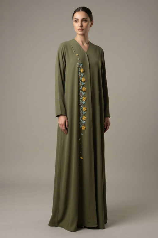 Green Abaya with Handmade Embroidery