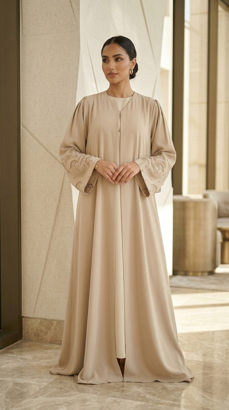Beige Abaya with Sleeves Embroidery