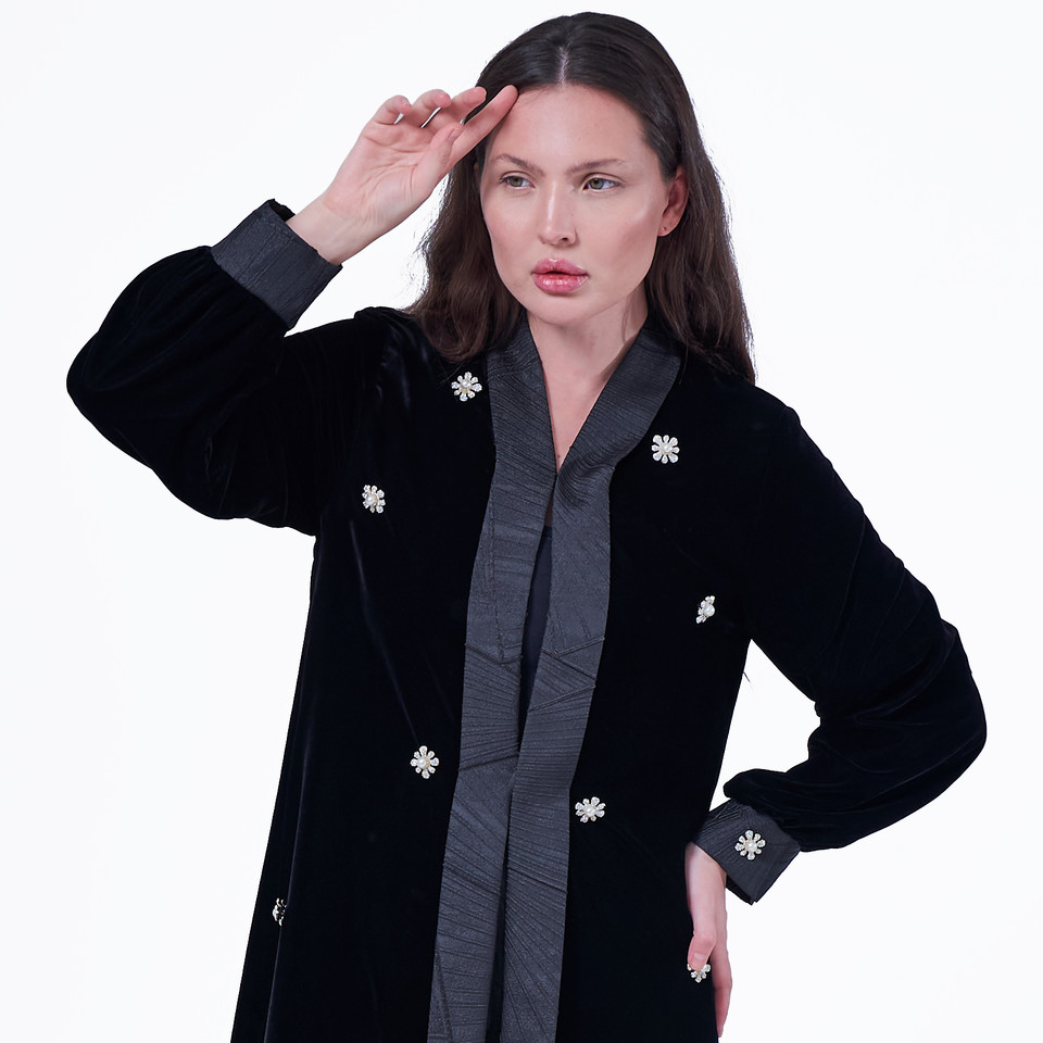Look 01: Black Velvet Abaya with Brocade and Embroidery