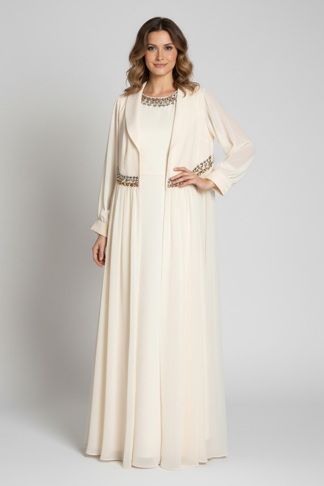 REVE Collection Shiffon Abaya & Dress with Hand Made Embroidery Offwhite