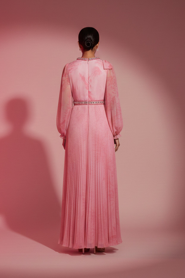 French Chiffon Dress with Elegant Hand Made Embroidery on the Waist Pink Manone Couture