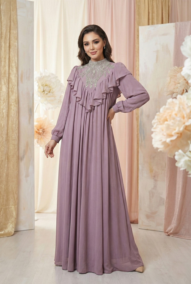 Copy of REVE Collection Shiffon Abaya & Dress with Hand Made Embroidery Lilac Color