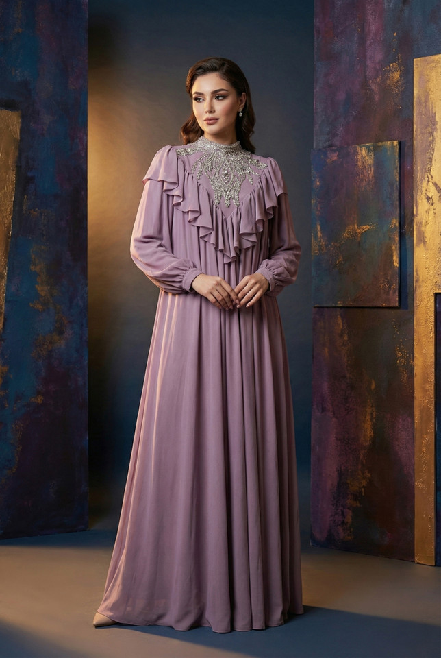Shiffon Abaya & Dress with Hand Made Embroidery Lilac Color Manone couture