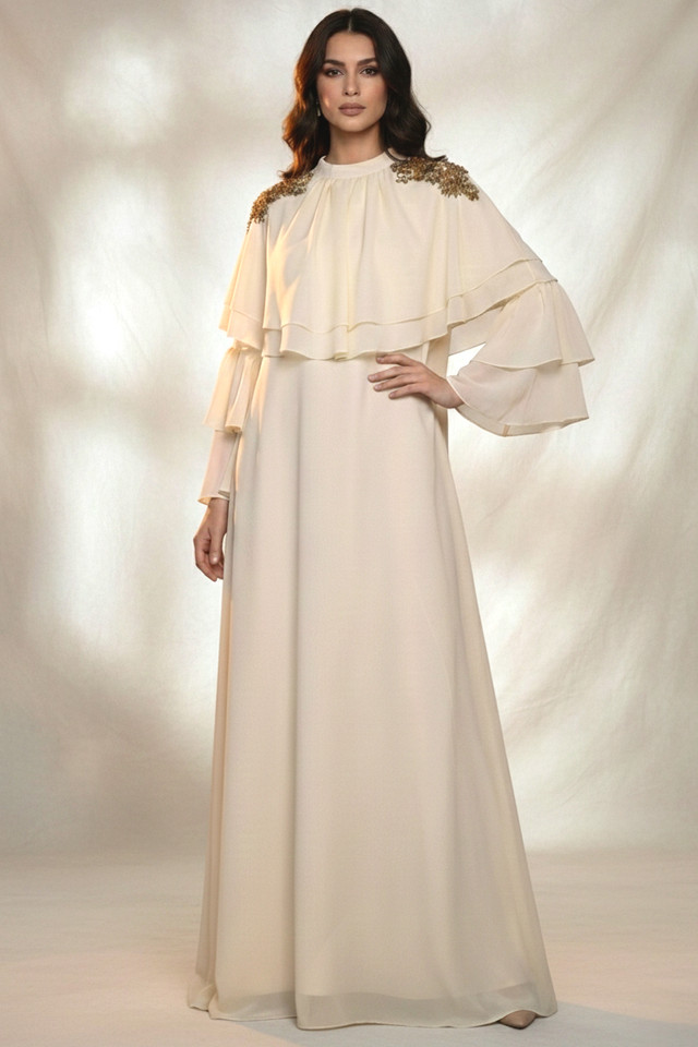 REVE Collection Shiffon Abaya & Dress with Hand Made Embroidery Cream Color
