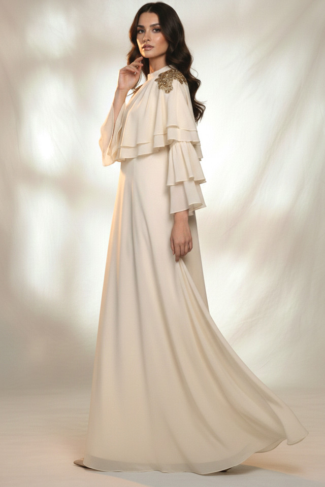 REVE Collection Shiffon Abaya & Dress with Hand Made Embroidery Cream Color