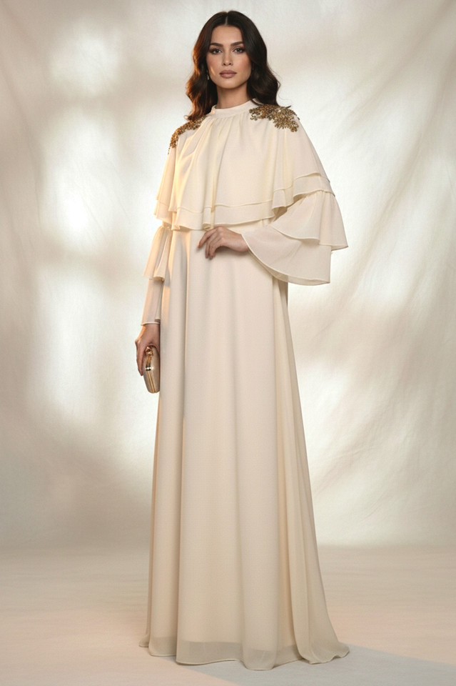 REVE Collection Shiffon Abaya & Dress with Hand Made Embroidery Cream Color