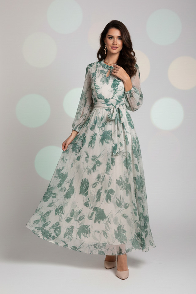 REVE Collection Flower Pattern Shiffon Dress with Hand Made Embroidery Green Color
