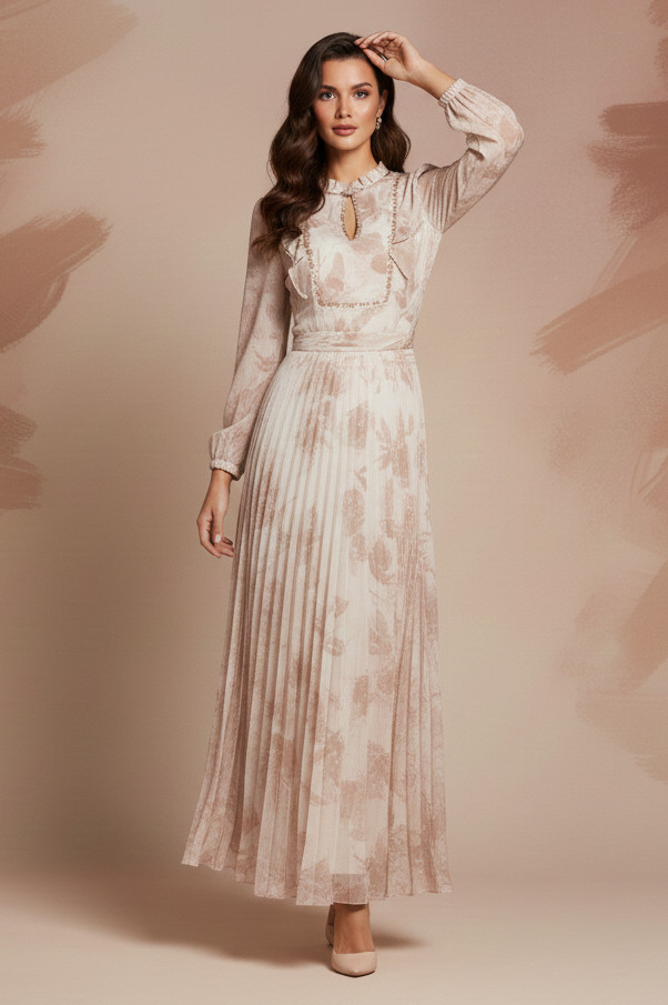 Shiffon Dress with Hand Made Embroidery Rosy Beige by Manone Couture