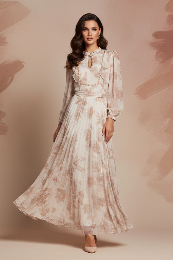 Shiffon Dress with Hand Made Embroidery Rosy Beige by Manone Couture