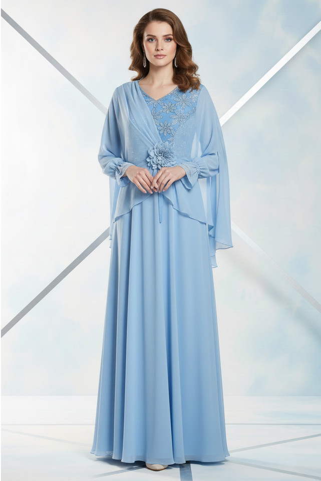 REVE Collection Shiffon Dress with Flower Embroidery Sky Blue Color