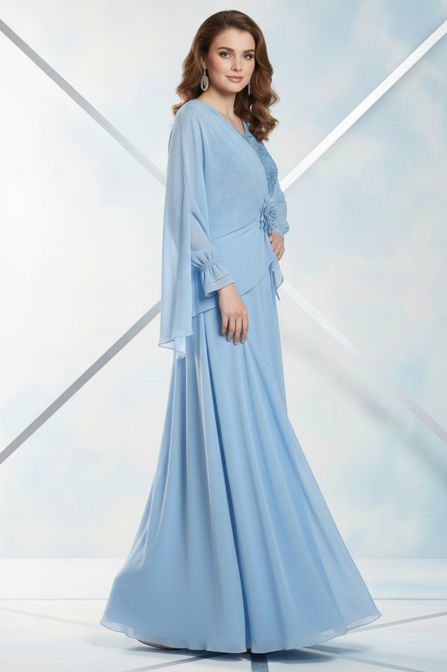REVE Collection Shiffon Dress with Flower Embroidery Sky Blue Color