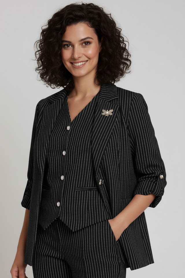 3 Piece Suit Black and White Stripes, Vest, and Pants