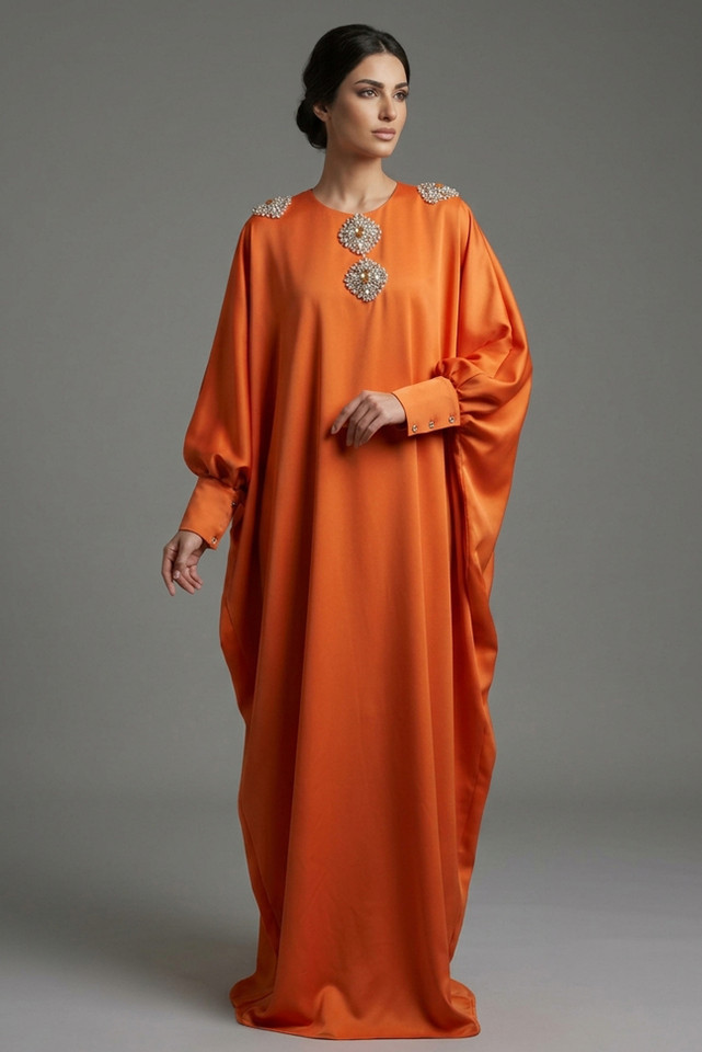 Elegant Orange Kaftan with Crystal Embroidery