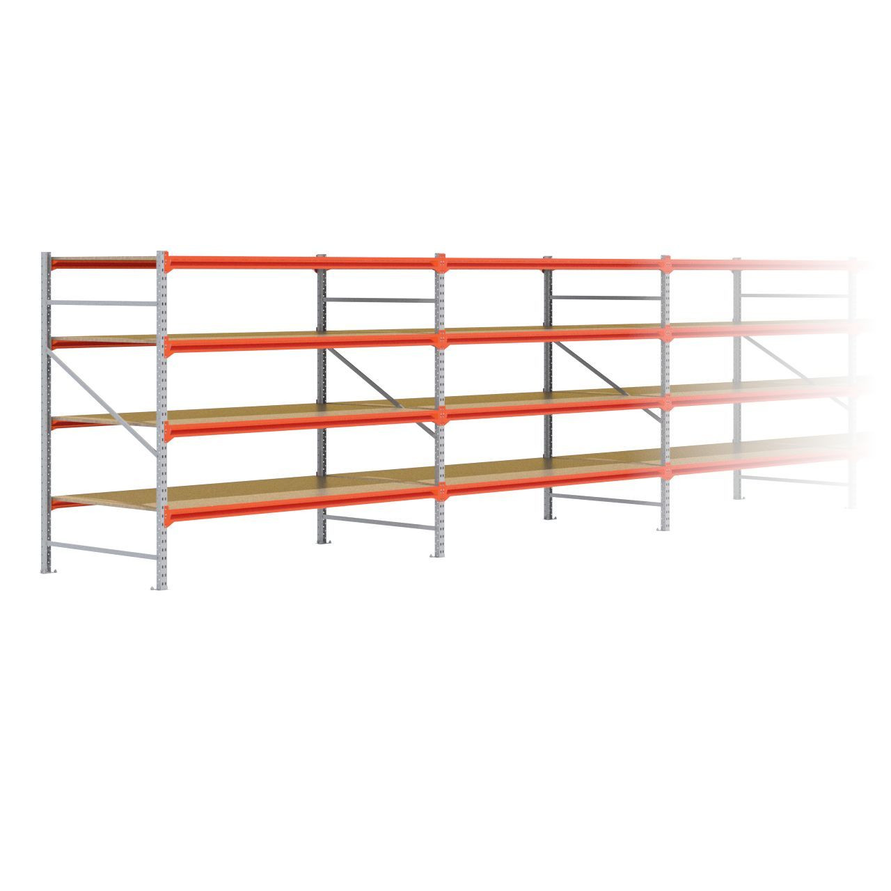 Grootvakstelling 2.000 mm x 13.900 mm x 1.200 mm (HxLxD) - 4 niveaus GALVA (Liggers: 2.250 mm)