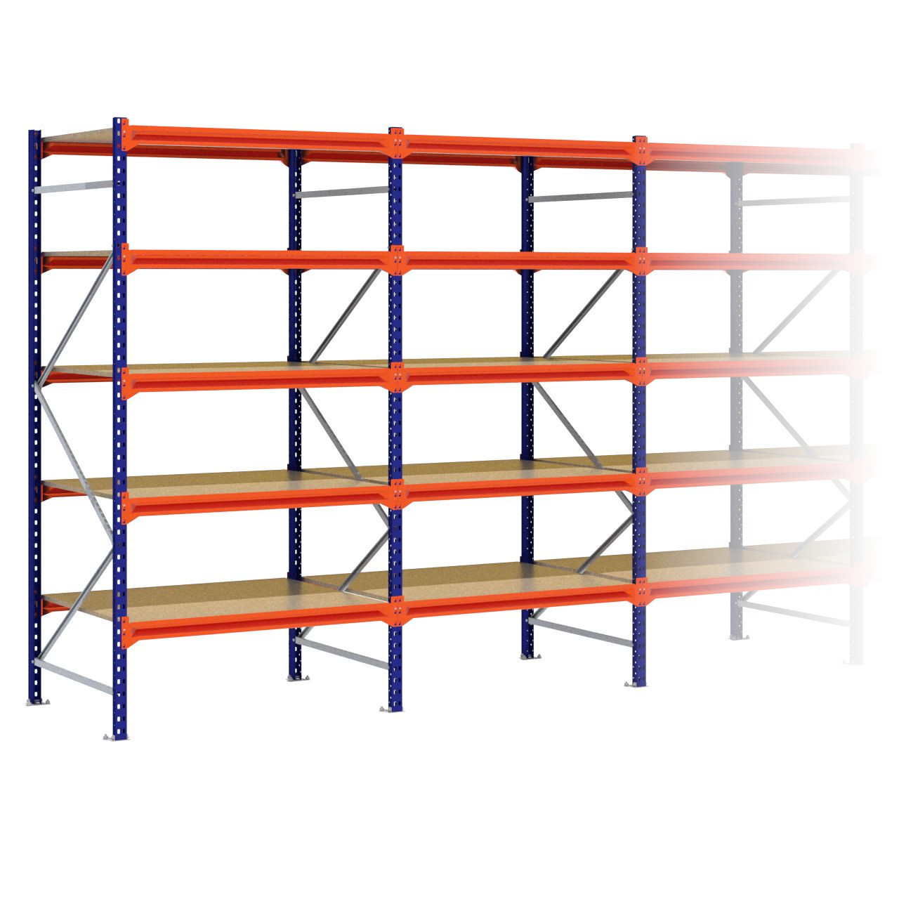 Grootvakstelling 2.500 mm x 10.100 mm x 1.000 mm (HxLxD) - 5 niveaus (Liggers 1.200 mm)