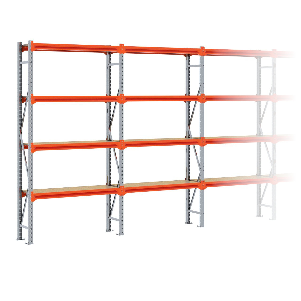 Grootvakstelling 2.500 mm x 8.800 mm x 400 mm (HxLxD) - 4 niveaus GALVA (Liggers: 1.200 mm)