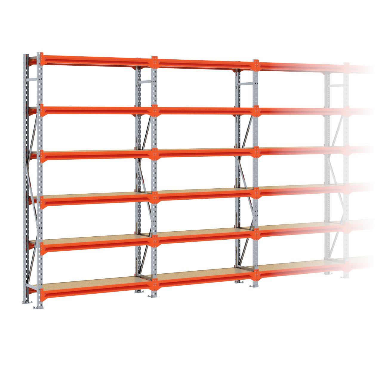 Grootvakstelling 2.500 mm x 10.100 mm x 400 mm (HxLxD) - 6 niveaus (Liggers 1.200 mm) GALVA