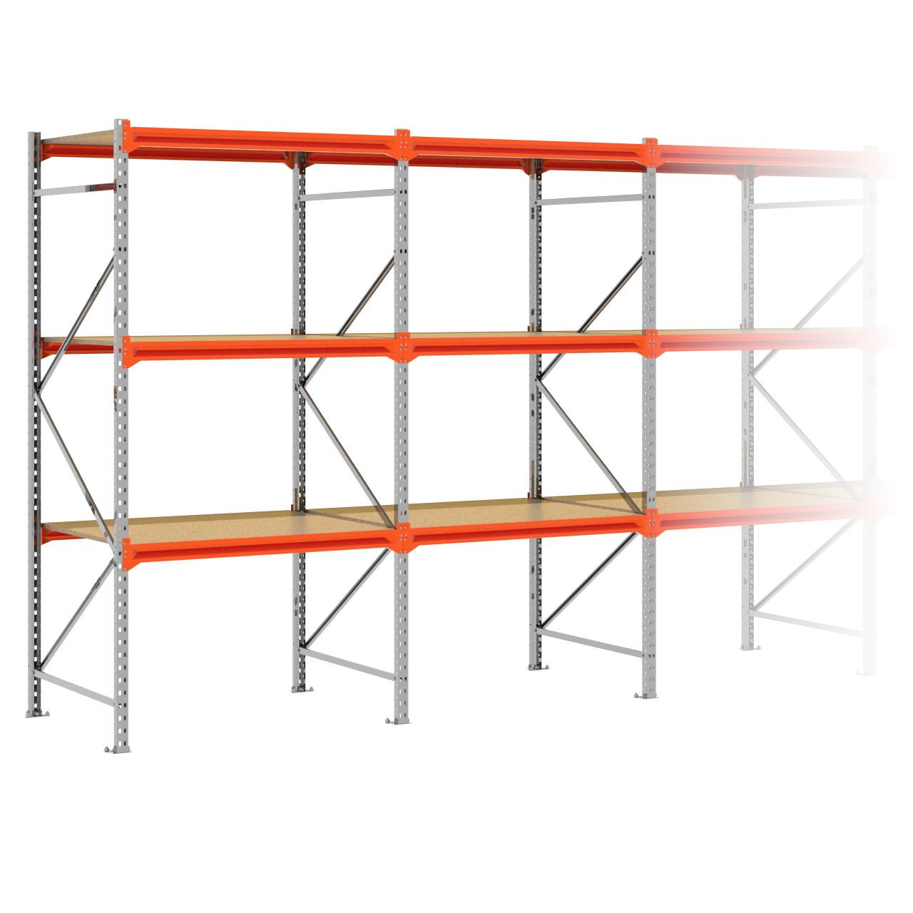 Grootvakstelling 2.500 mm x 10.100 mm x 1.000 mm (HxLxD) - 3 niveaus (Liggers 1.200 mm) GALVA