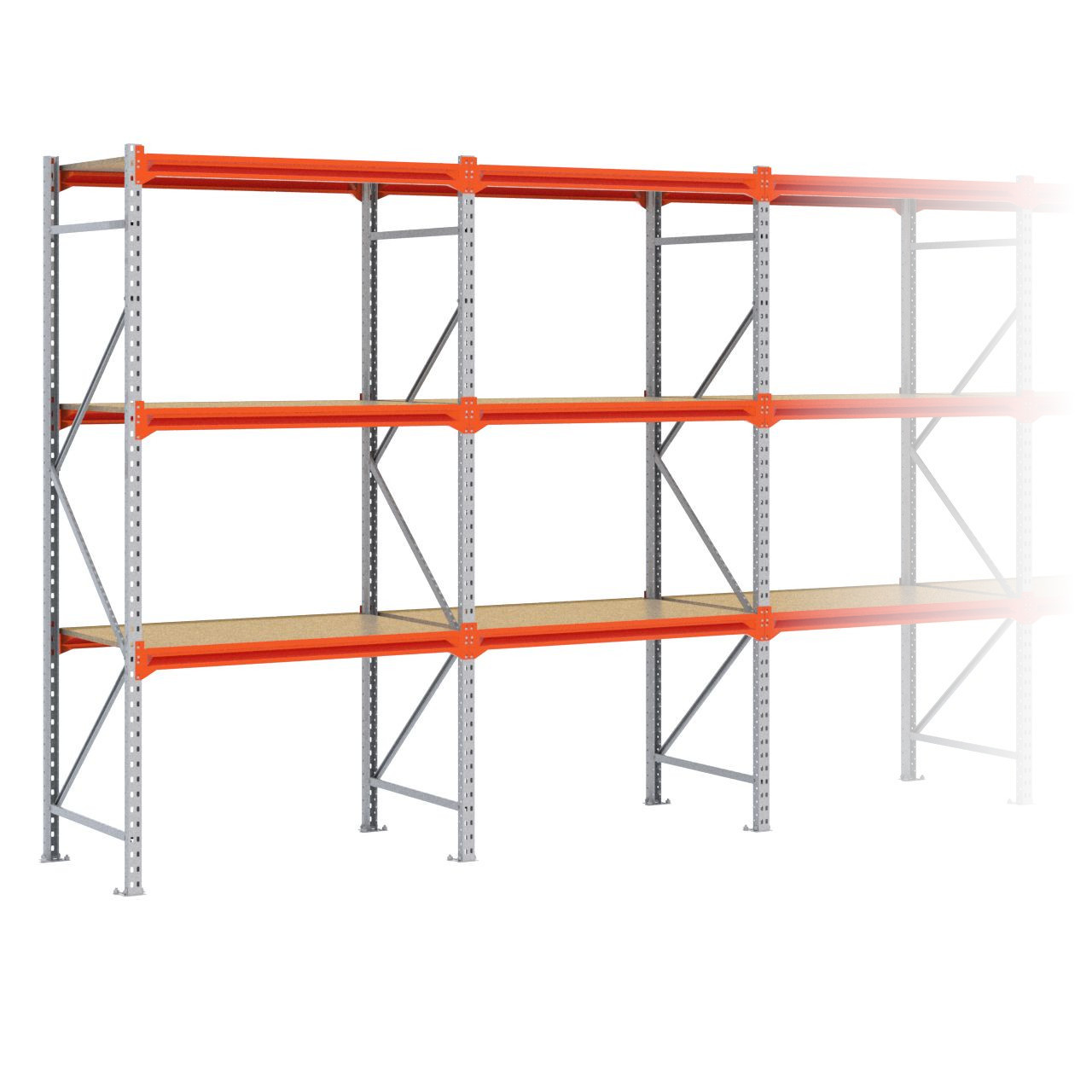 Grootvakstelling 2.500 mm x 10.100 mm x 800 mm (HxLxD) - 3 niveaus (Liggers 1.200 mm) GALVA