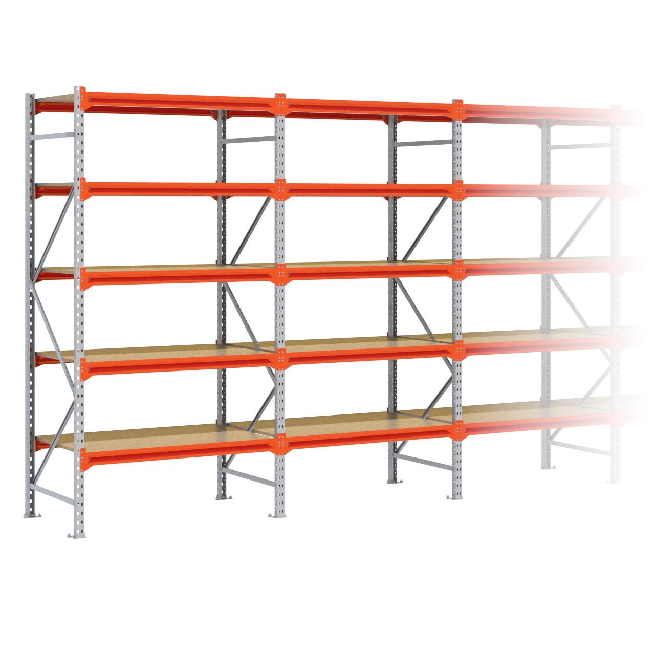 Grootvakstelling 2.500 mm x 10.100 mm x 800 mm (HxLxD) - 5 niveaus (Liggers 1.200 mm) GALVA